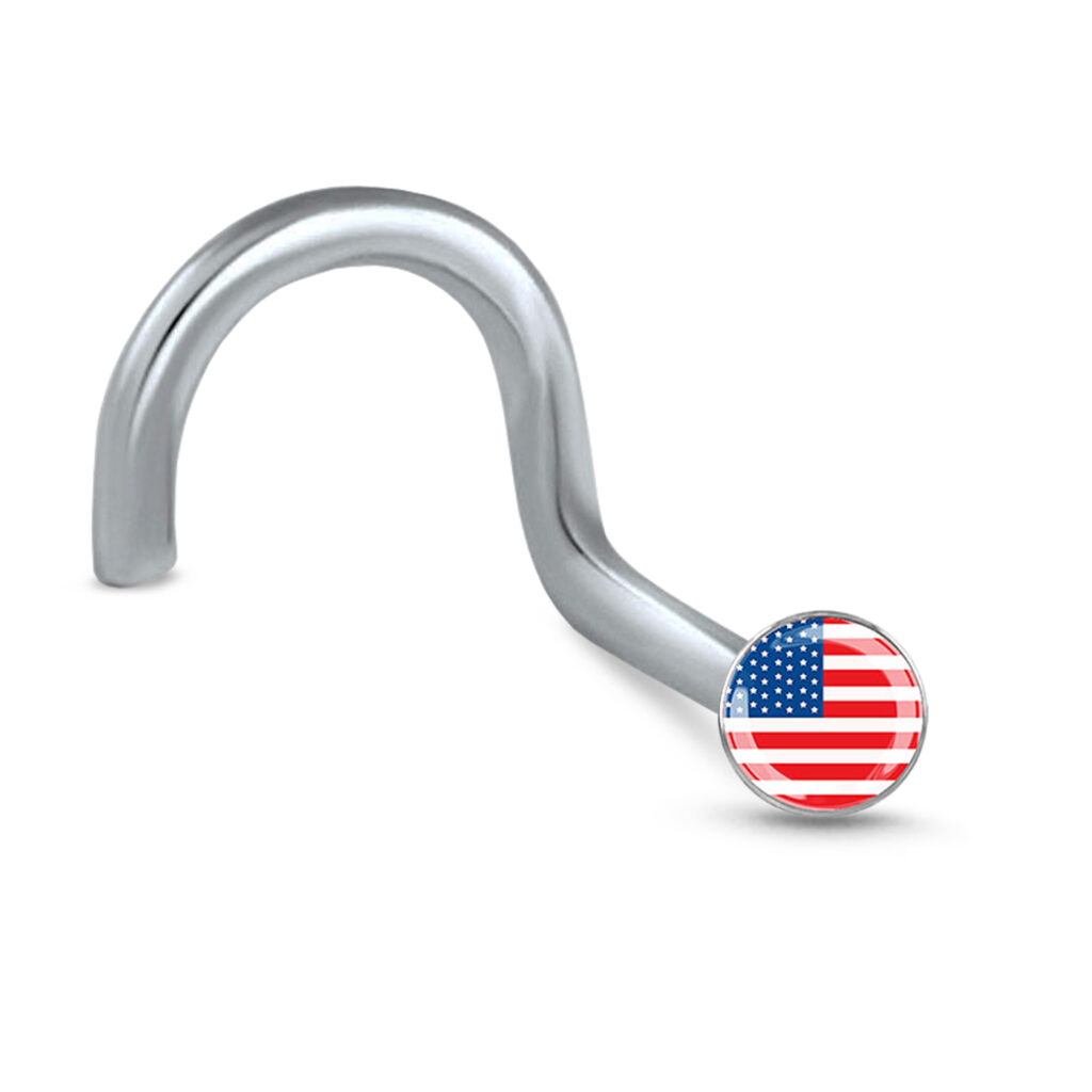 surgical steel right nostril nose screw stud featuring a USA flag design