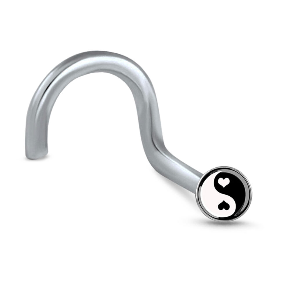 surgical steel right nostril nose screw stud featuring a yin yang design