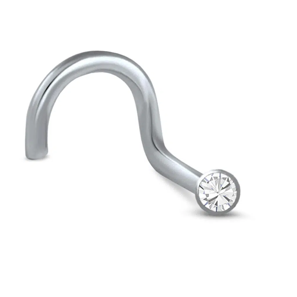 surgical steel right nostril screw nose stud featuring a clear bezel design