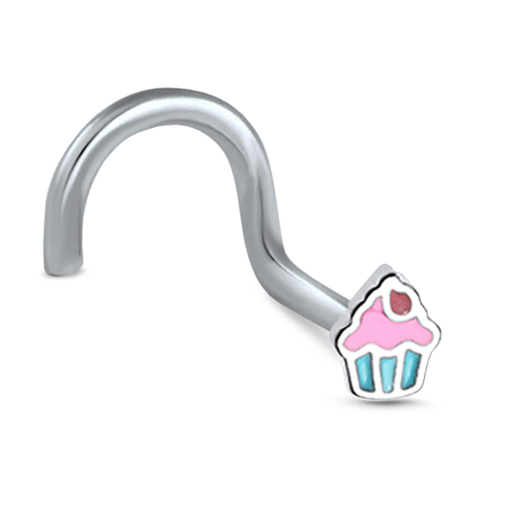 surgical steel right nostril screw nose stud featuring a cupcake design