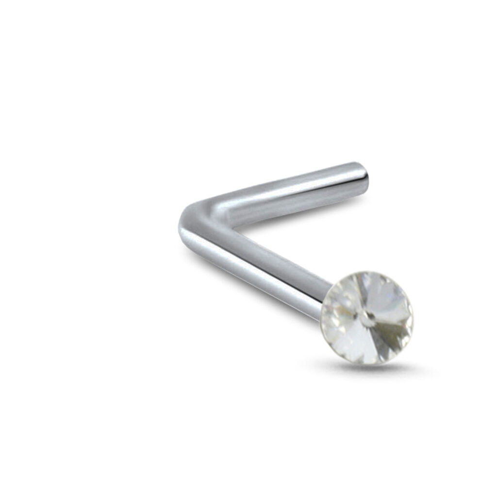 surgical steel lbend nose stud featuring a 4mm clear stone