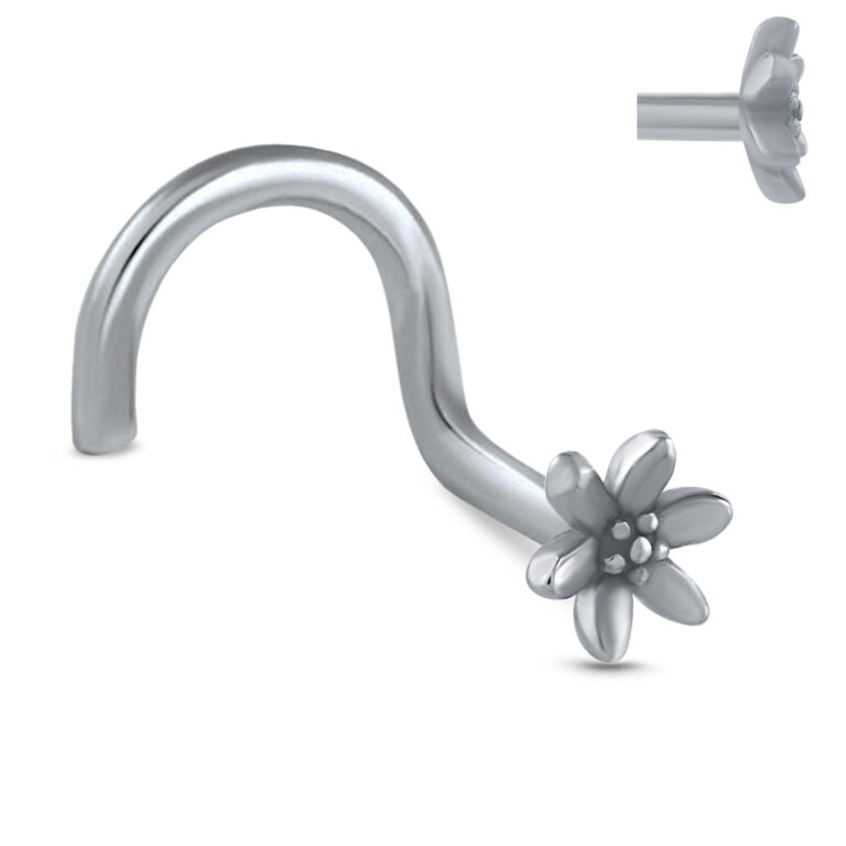 surgical steel nose stud in a right nostril screw style, featuring a flower design and showing the profile of the design