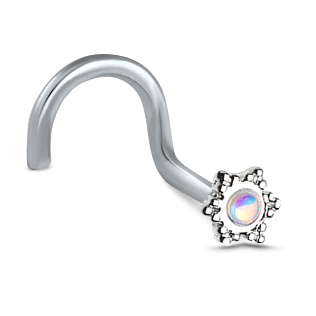 surgical steel right nostril screw nose stud featuring a flower design with an illuminating center stone