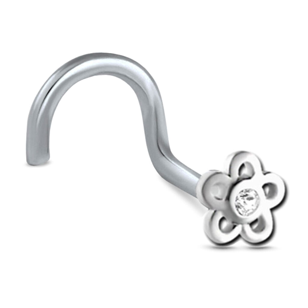 surgical steel right nostril screw nose stud featuring a 5mm flower with a clear stone