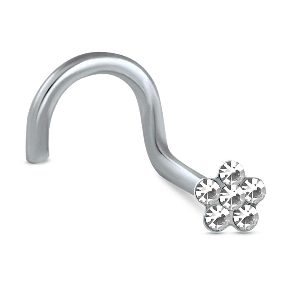 surgical steel right nostril screw nose stud featuring a 4mm flower design with clear stones