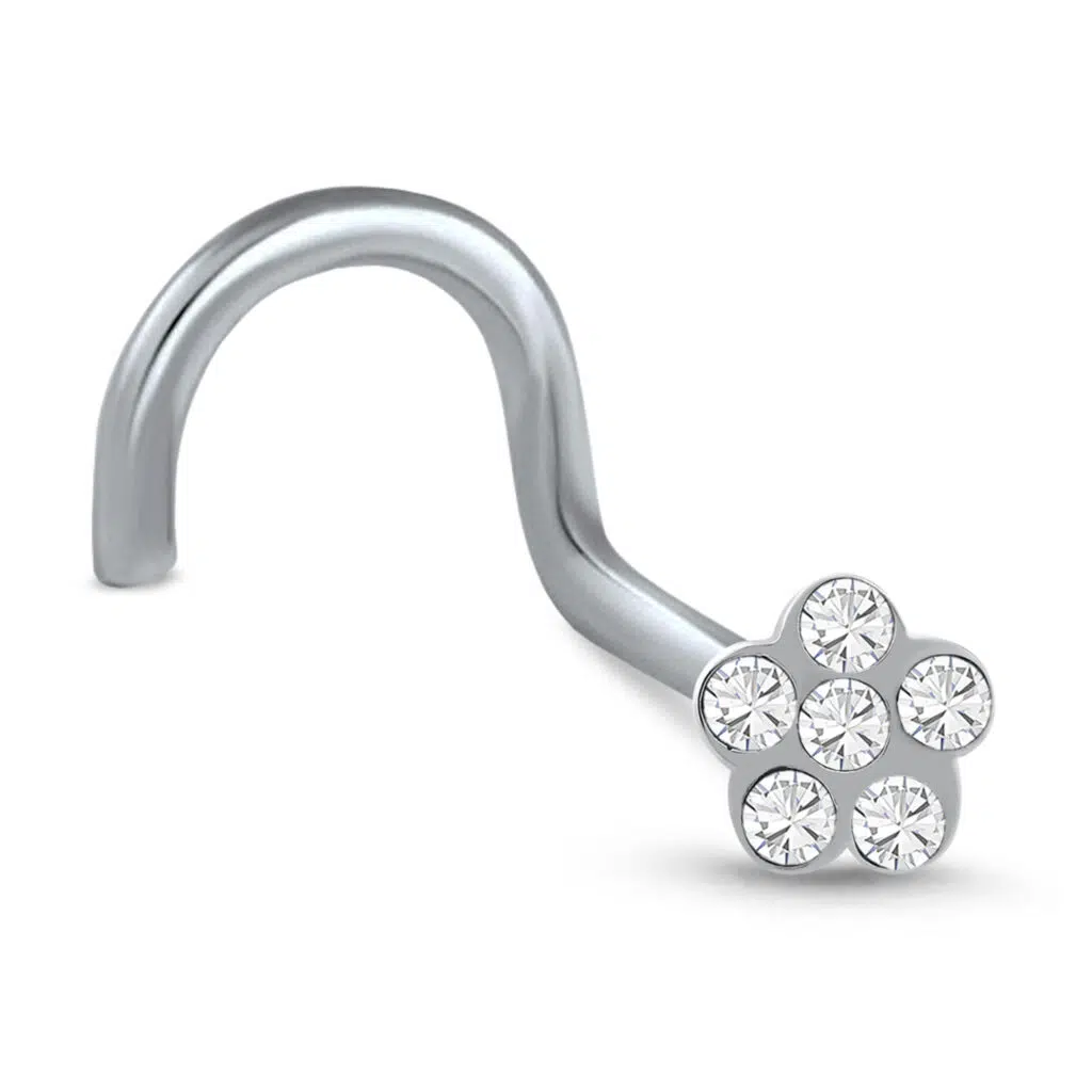 surgical steel right nostril screw nose stud featuring a 4mm flower design with clear stones