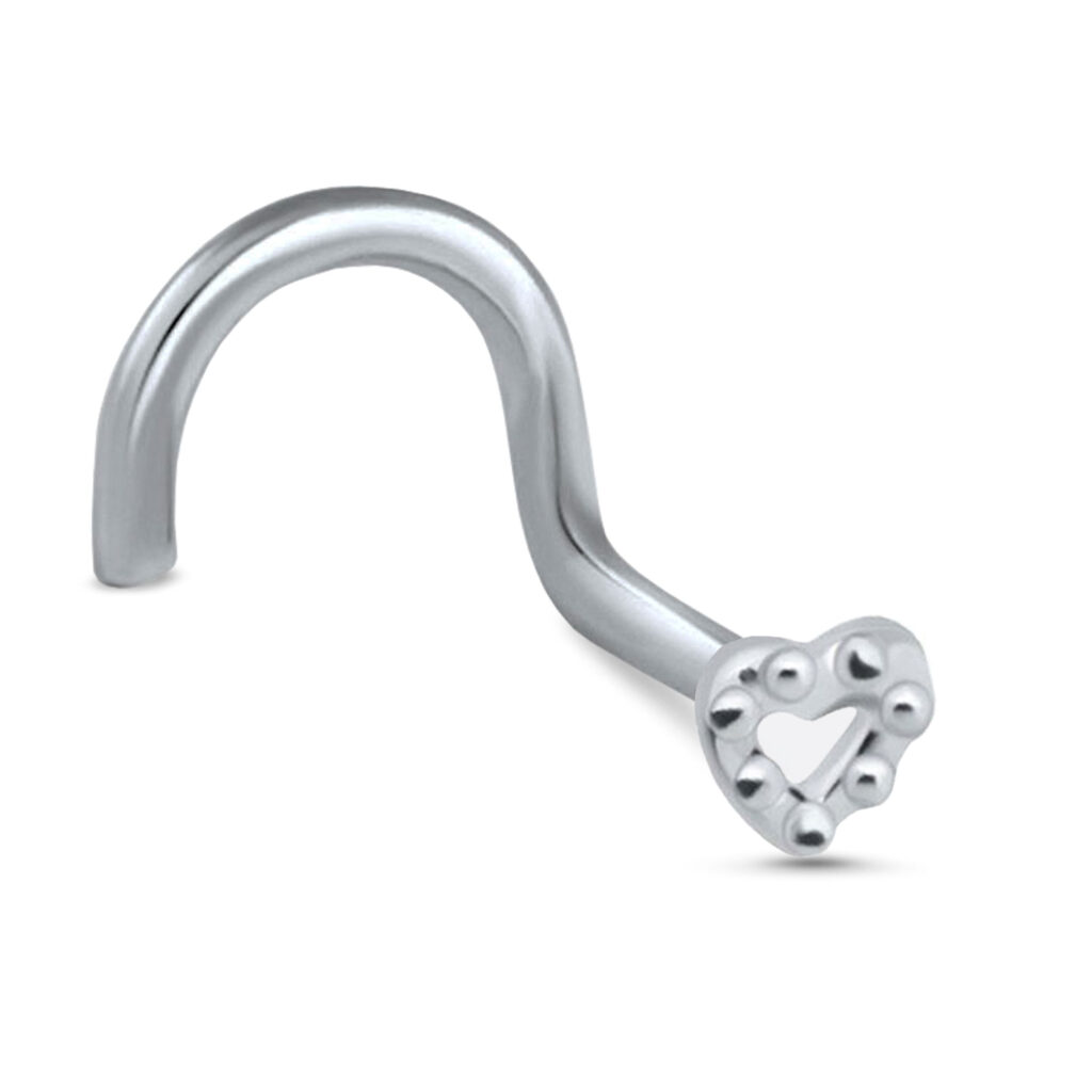 surgical steel right nostril screw nose stud featuring a studded heart design