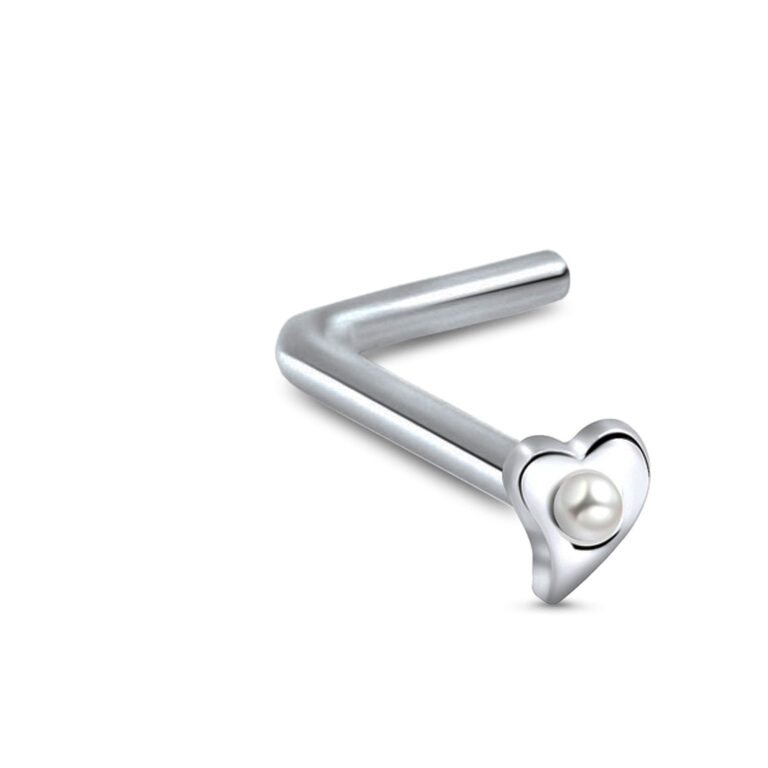 surgical steel lbend nose stud featuring a heart design with a faux pearl stone