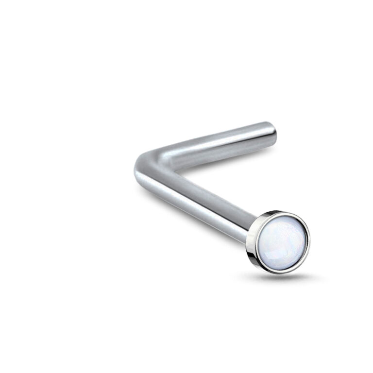 surgical steel lbend nose stud featuring a round 2mm illuminating white stone