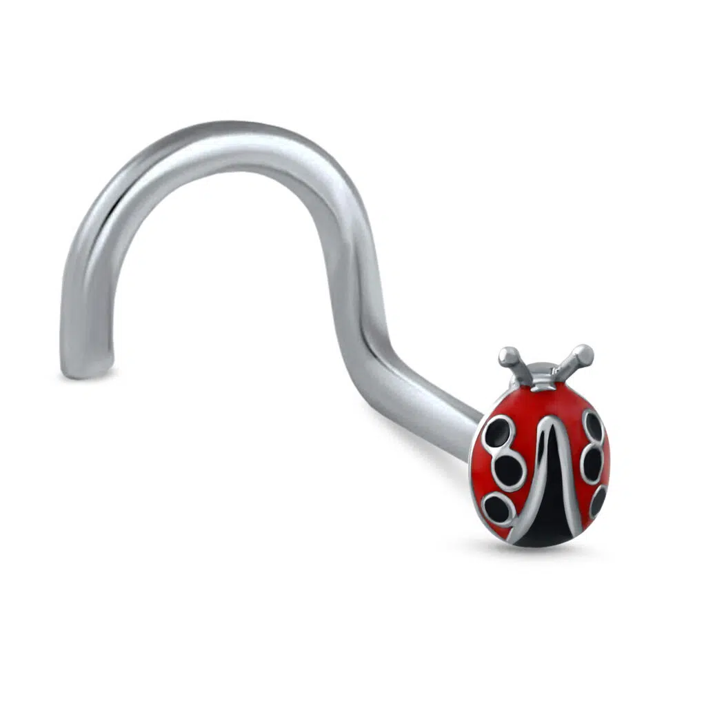 surgical steel Right Nose Screw stud featuring a Ladybug design