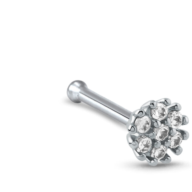 surgical steel nose bone stud featuring a large flower design with clear stones