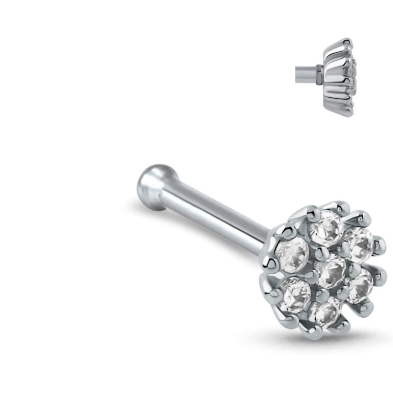 surgical steel right nostril screw nose stud featuring a large flower design with clear stones and showing a side profile of the design