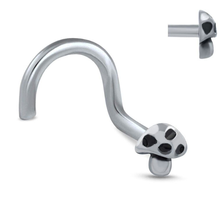 surgical steel right nostril screw nose stud featuring a mushroom design showing a profile view of the design in the top right corner