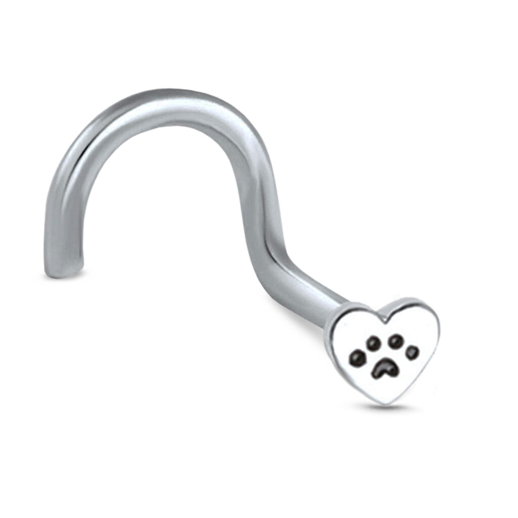 surgical steel right nostril screw nose stud featuring a heart paw print design