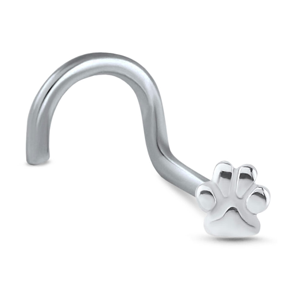 surgical steel right nostril screw nose stud featuring a paw print design