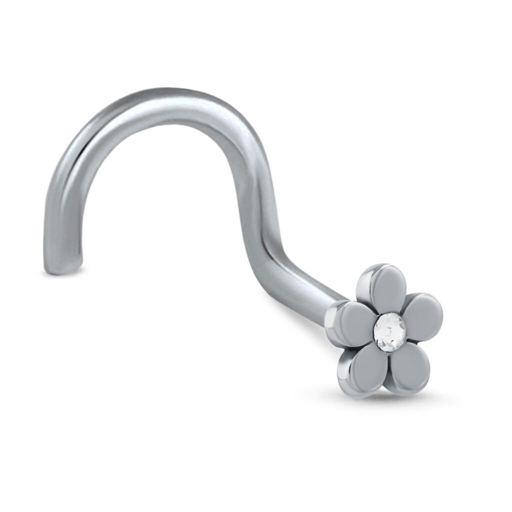 surgical steel right nostril screw nose stud featuring a plumeria flower design