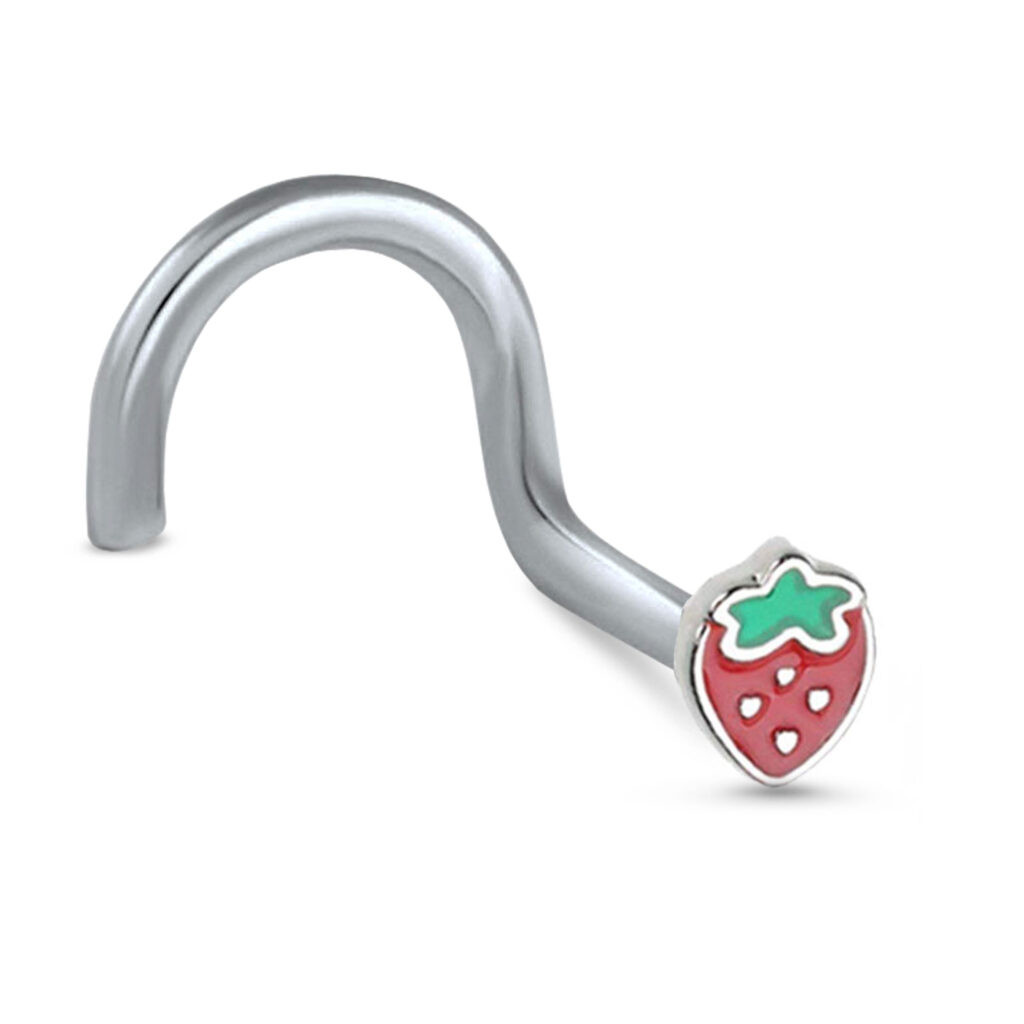 Surgical Steel left nose screw nose stud featuring a Strawberry design