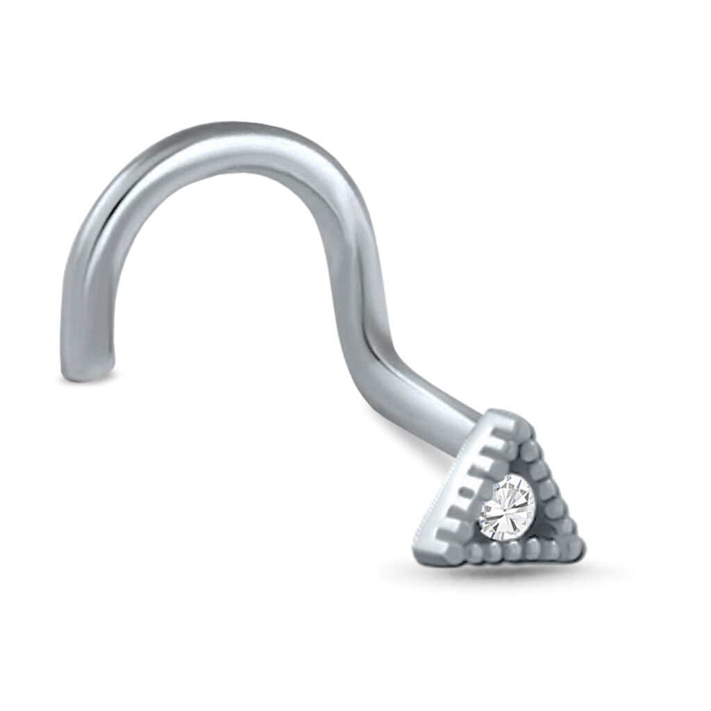 surgical steel right nostril screw nose stud featuring a studded triangle design with a clear center stone