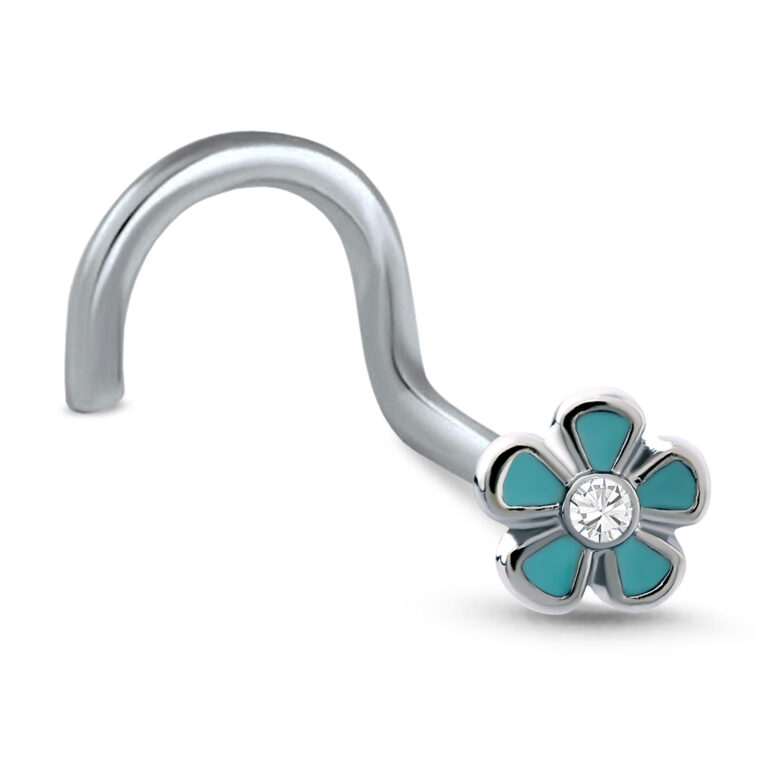 Surgical Steel Right Nose Screw nose stud featuring a Turquoise Flower design