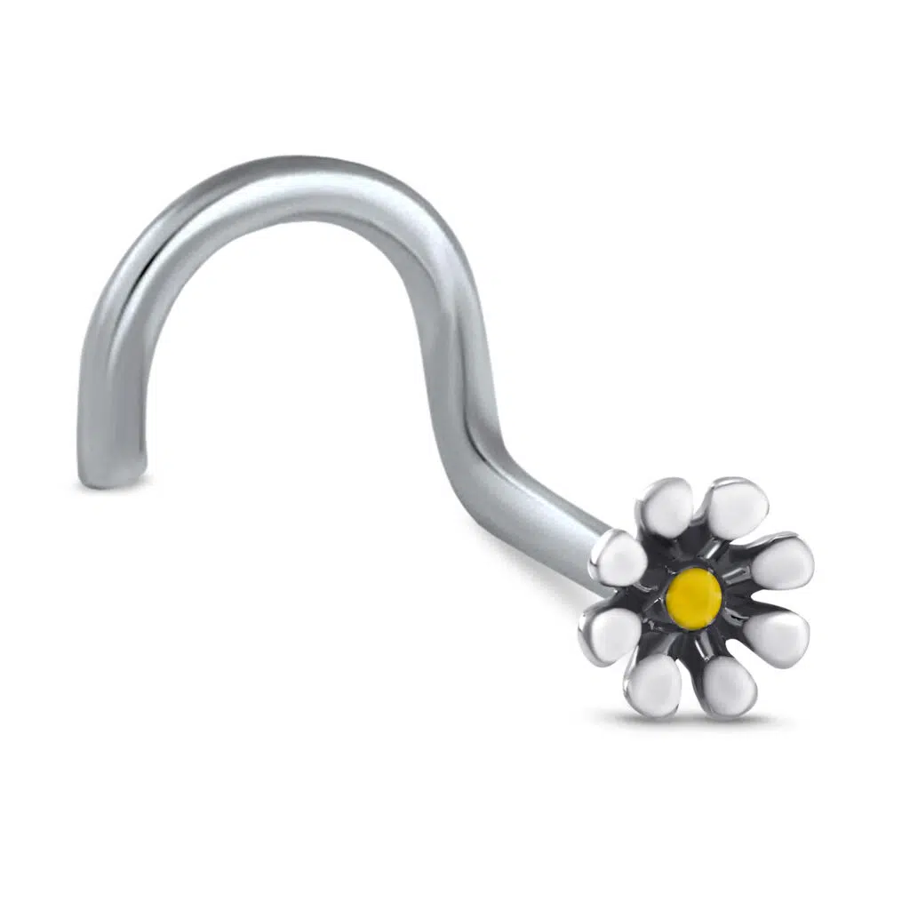 surgical steel Right Nose Screw stud featuring a White Flower design