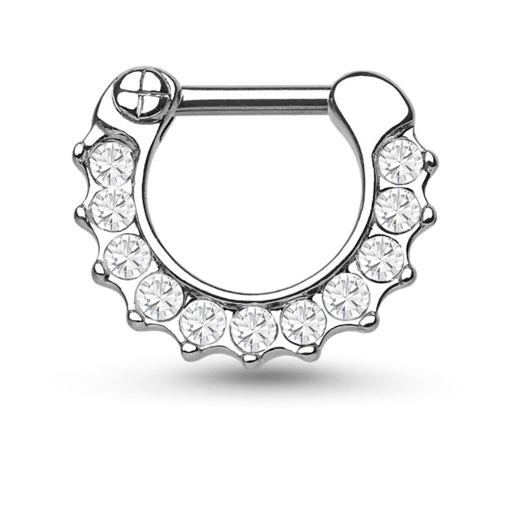 surgical steel hinged septum clicker featuring 11 clear stones