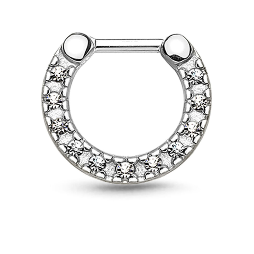 surgical steel septum clicker hoop featuring 11 clear stones