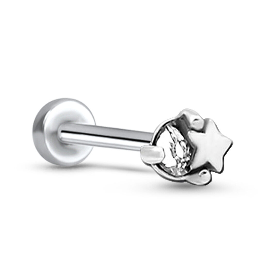 Star & CZ Threadless Labret Push Pin 316L Surgical Steel Stud