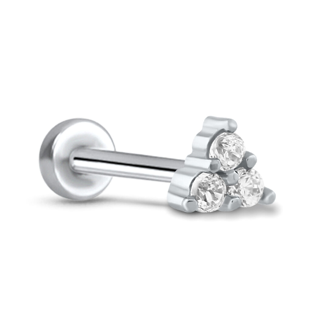 surgical steel push pin style labret stud featuring a trinity design with 3 clear stones