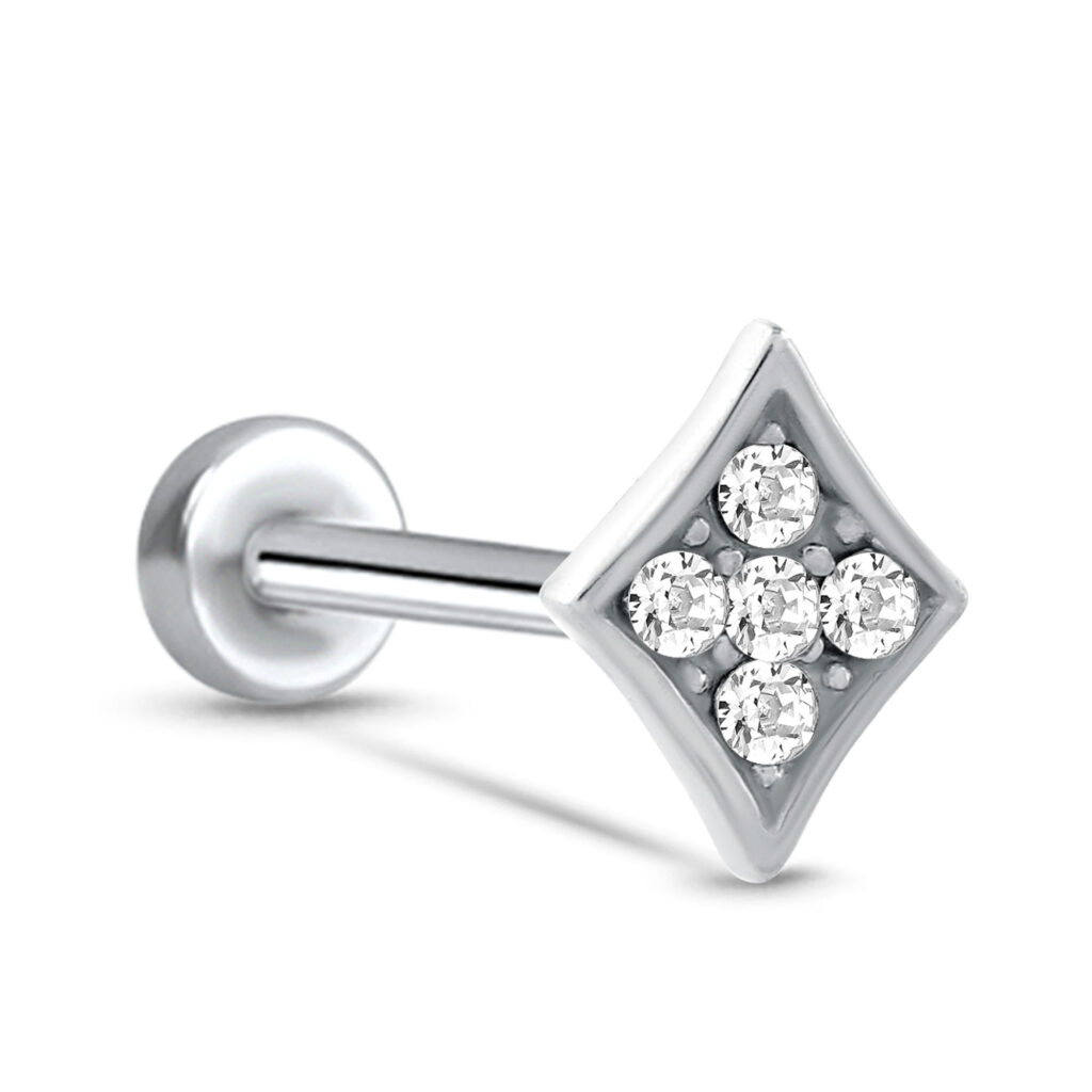 steel screw style labret with a diamond shape design with 4 clear stones