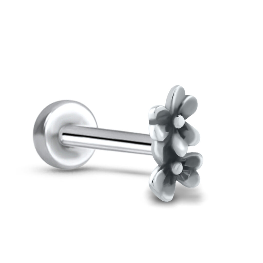 surgical steel push pin labret style stud featuring a double flower design