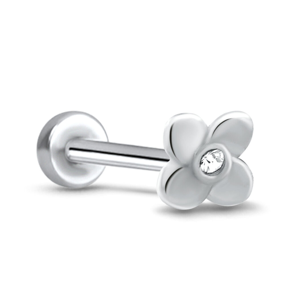 surgical steel screw style labret stud featuring a flower design with a clear center stone