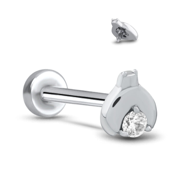 surgical steel screw style labret stud featuring a ladybug design with a clear center stone. Image also shows the back side of the ladybug insert