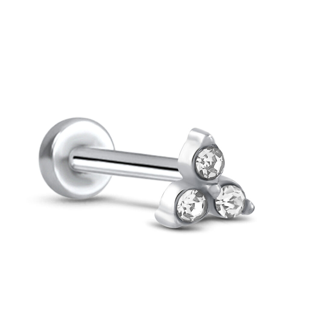 steel screw style labret with a trinity design