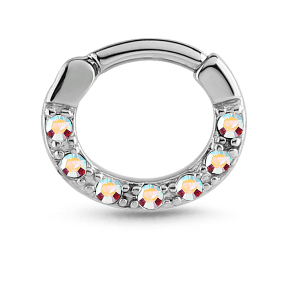 7 Stone Hinged Septum Clicker Nose Ring 316L Surgical Steel Hoop 16G