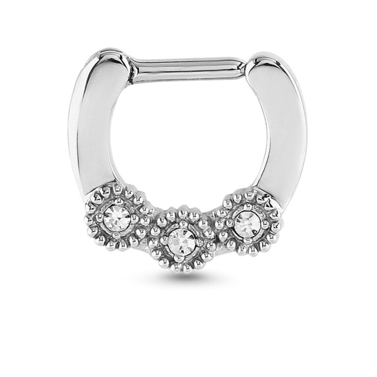 surgical steel hinged septum clicker featuring 3 round studded designs each with a clear stone