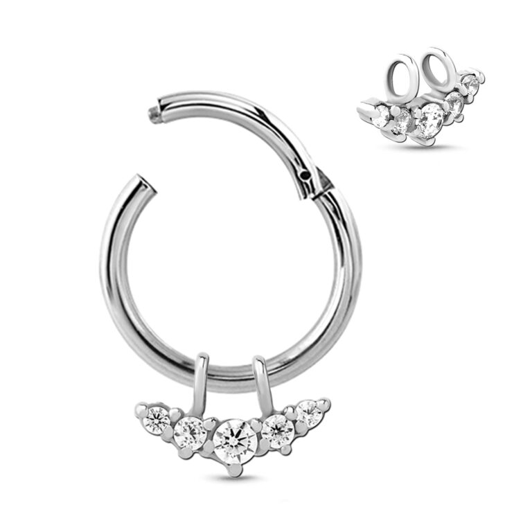 surgical steel clicker hoop with a 5 stone charm showing the clicker open and an angled view of the charm