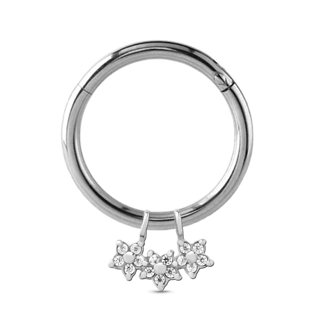 surgical steel clicker hoop with a triple flower charm