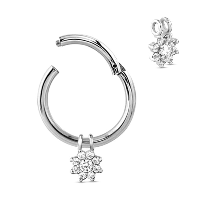 surgical steel clicker hoop with a flower charm showing the clicker open and an angled view of the charm