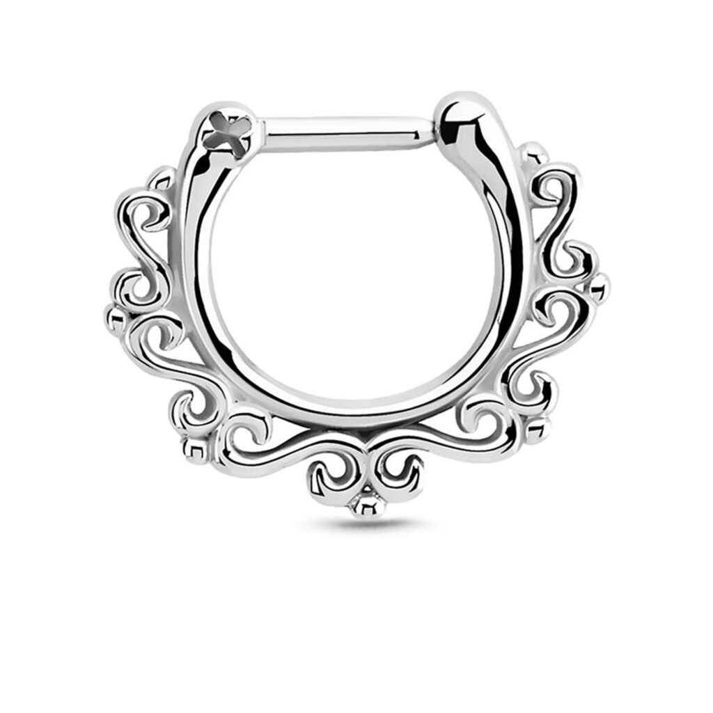 surgical steel hinged clicker hoop featuring an indian inspired design