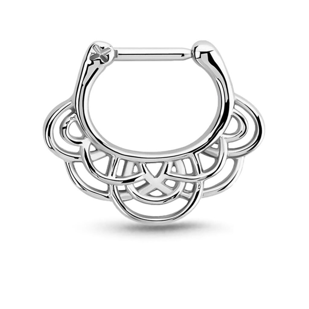 surgical steel hinged clicker hoop featuring an indian inspired design