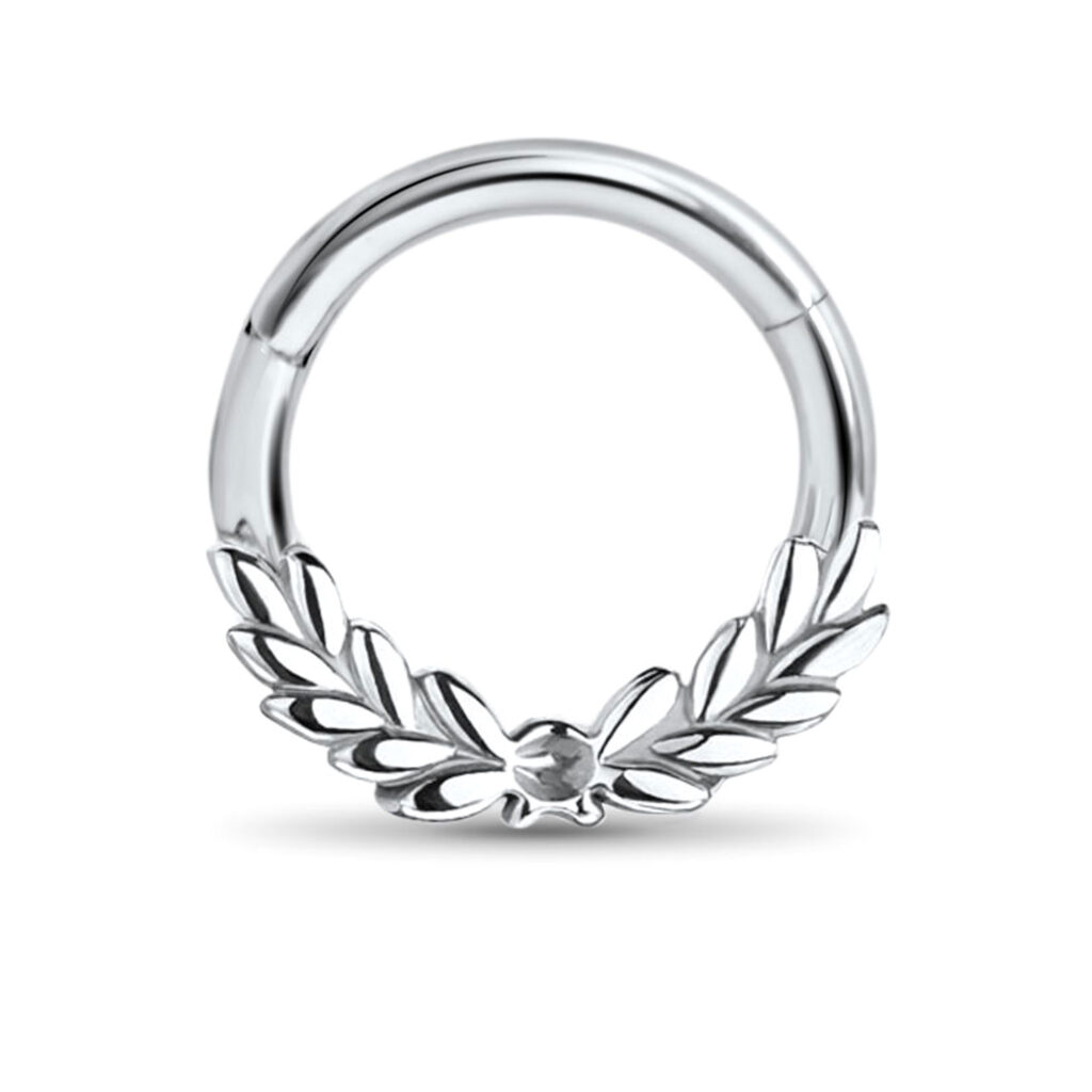 surgical steel hinged clicker hoop with a laurel leaves design