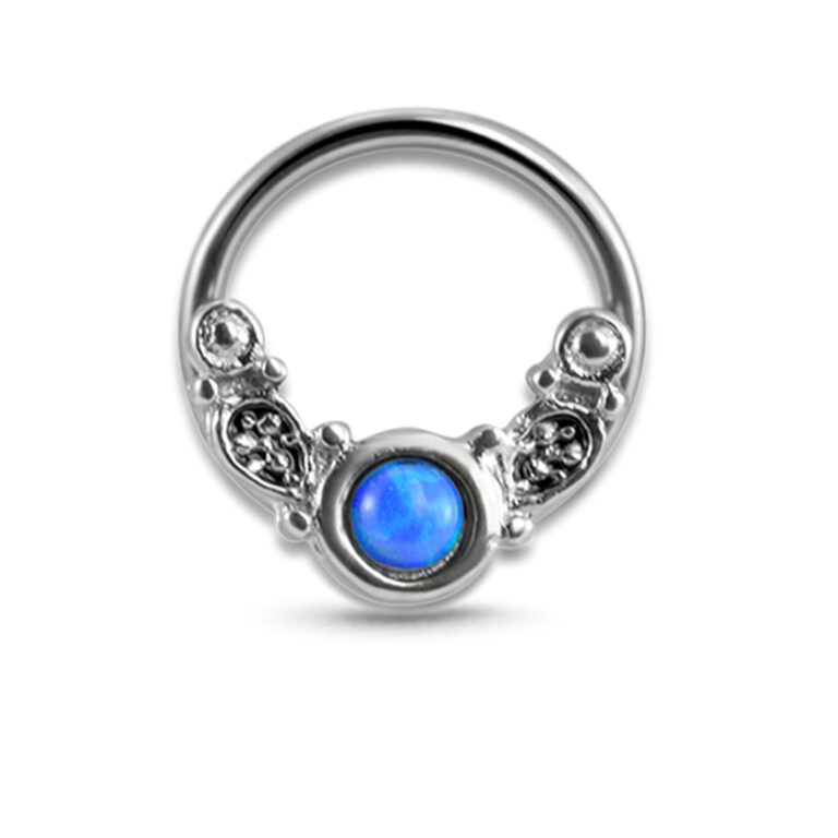 surgical steel captive bead nose ring hoop featuring a faux blue opal stone