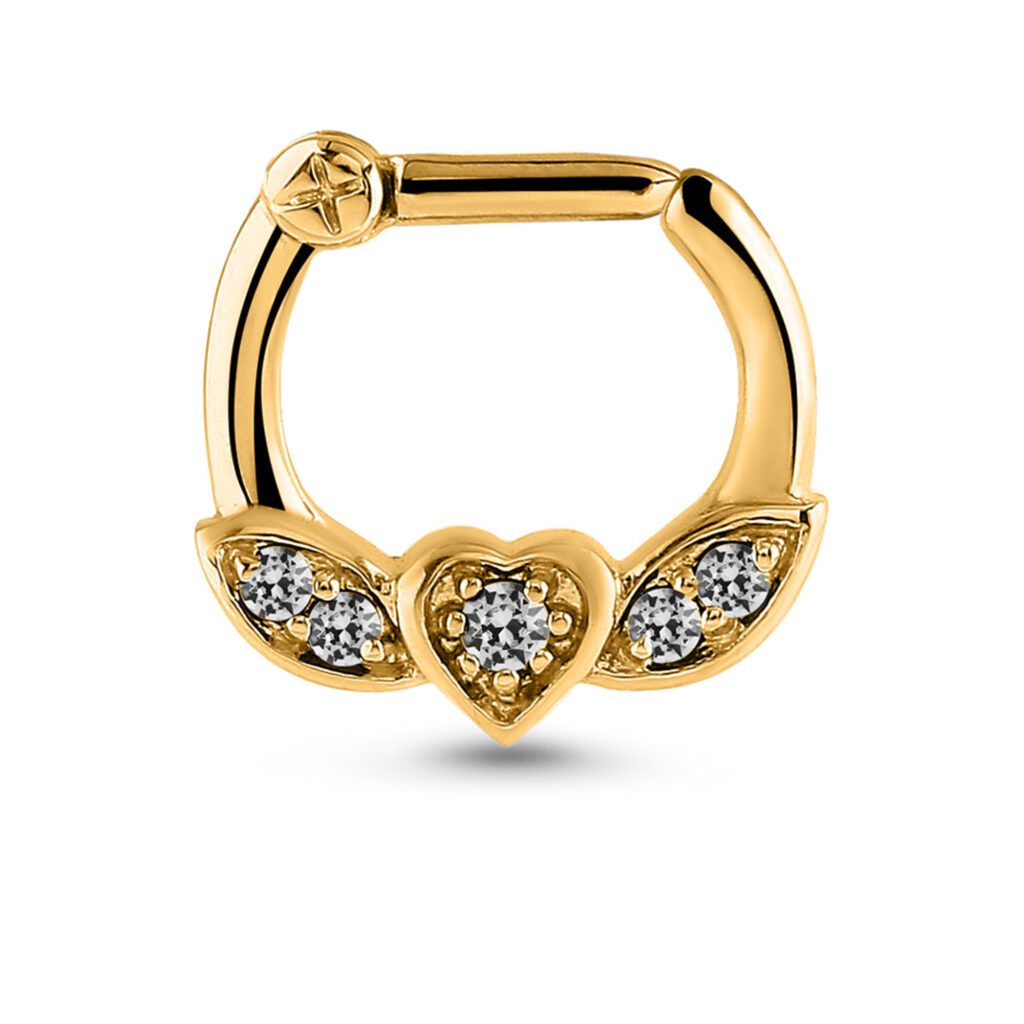 gold colored surgical steel septum clicker featuring a leaf design