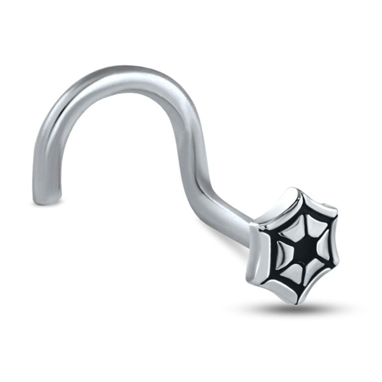 surgical steel right nostril screw nose stud featuring a spider web design