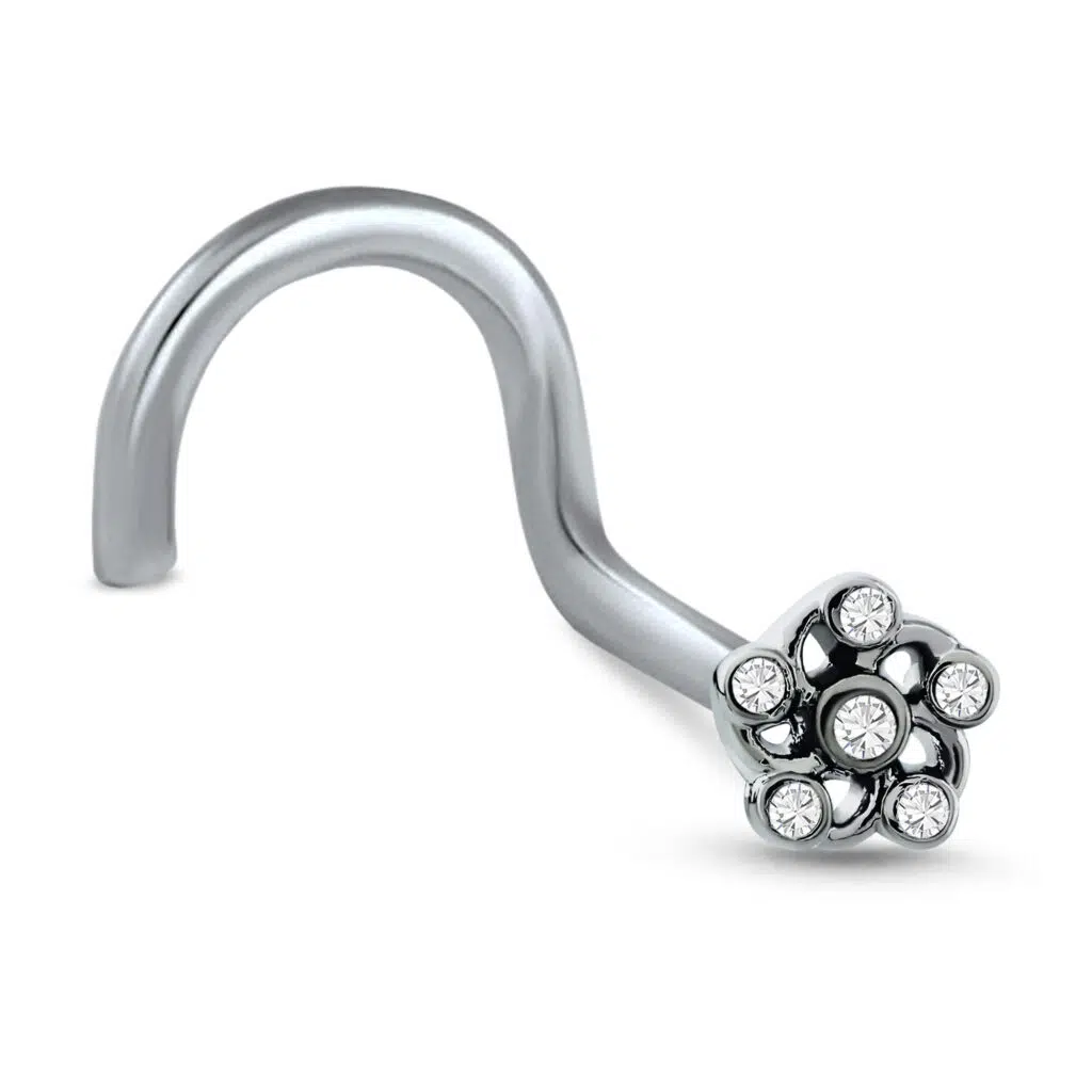 Surgical Steel Right Nose Screw nose stud featuring a Flower design with Clear stones