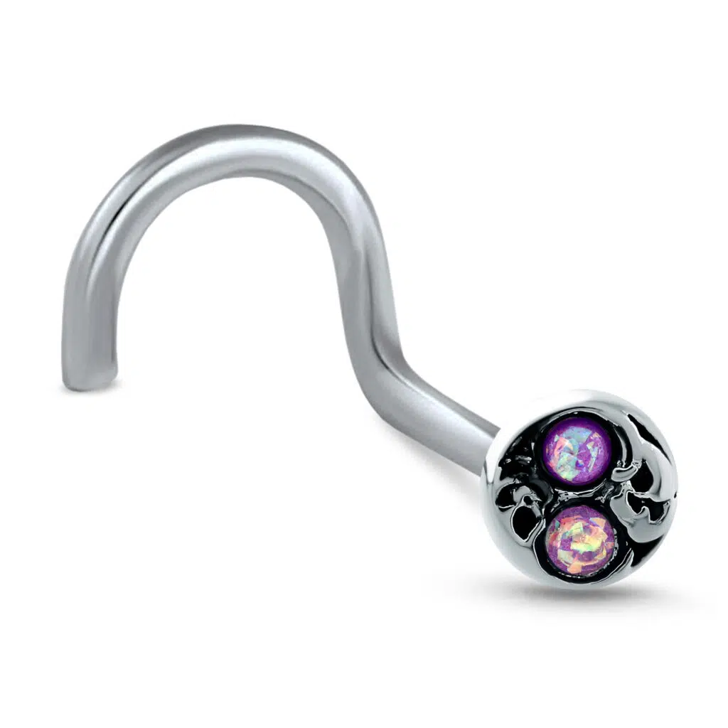 surgical steel Right Nose Screw stud featuring a Tao Filigree design with Purple Opal cz Stones