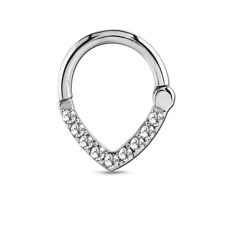 surgical steel hinged teardrop shaped septum clicker with clear stones