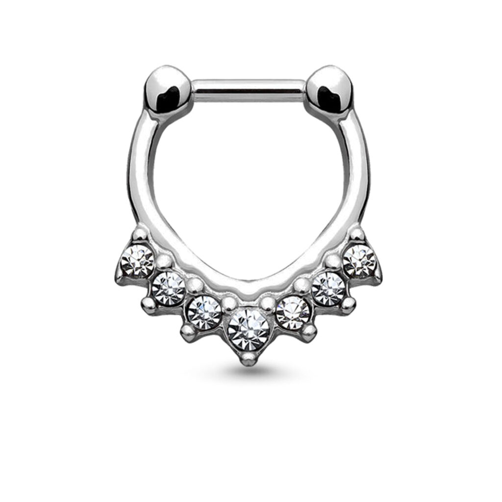 surgical steel hinged septum clicker featuring a teardrop shape with 7 clear stones