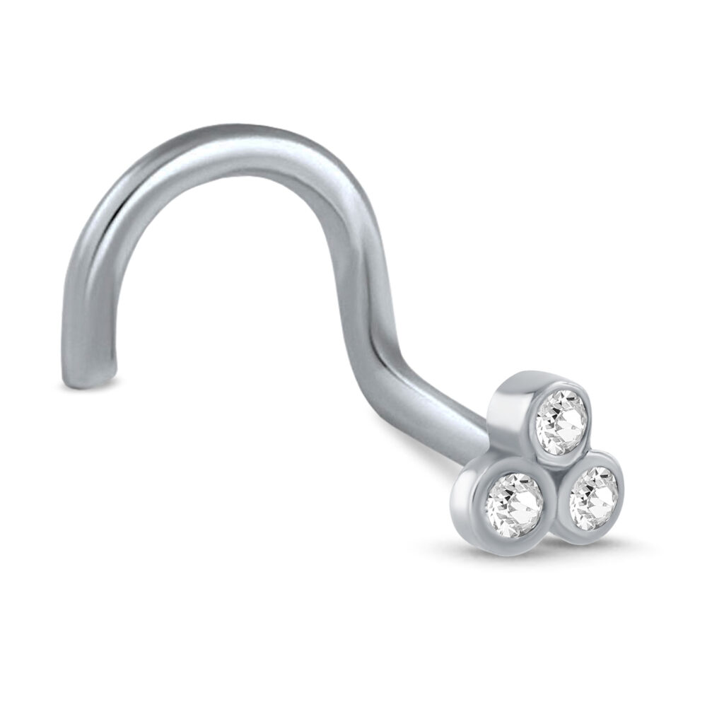 surgical steel right nostril screw featuring a trinity design with 3 clear bezel set stones