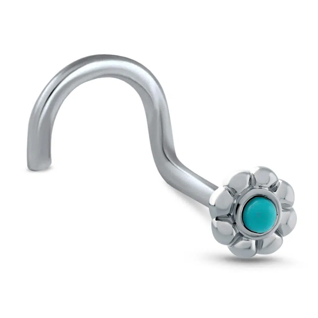 surgical steel Right Nose Screw stud featuring a Flower design with a Turquoise center